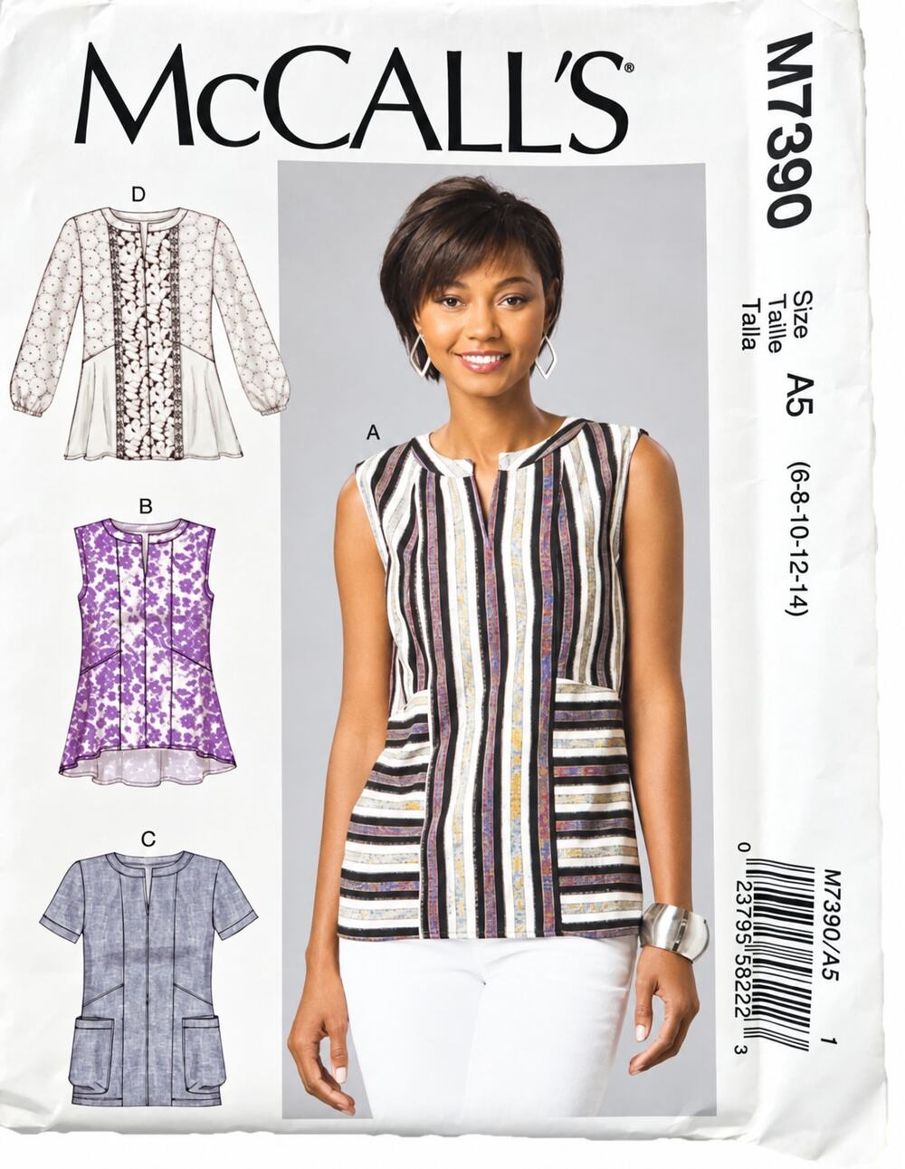 McCall's 7390 Sewing Pattern Shirt Top Sleeve & Neck Variations 6- 14 UC